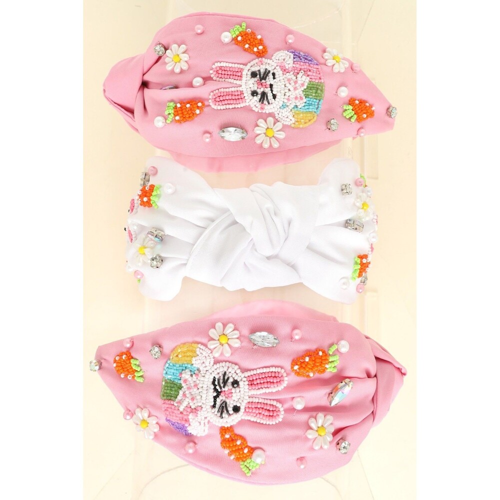 Floral Easter Bunny Beaded Top Knotted Headband - Diona J